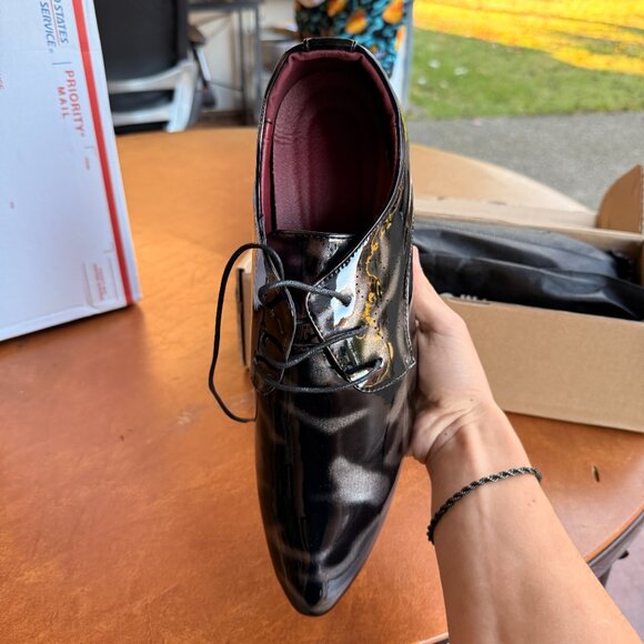 Santimon Men's US 9.5 - 12 Black Patent Leather Lace Up Derby Pointed Toe Shoes - Picture 6 of 10